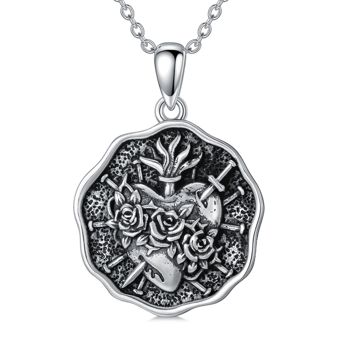 Sterling Silver Rose & Sword Pendant Necklace-1