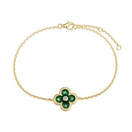 Sterling Silver with Yellow Gold Plated Cubic Zirconia Four Leaf Clover Pendant Bracelet