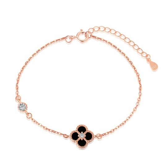 Sterling Silver with Rose Gold Plated Cubic Zirconia Four Leaf Clover Pendant Bracelet