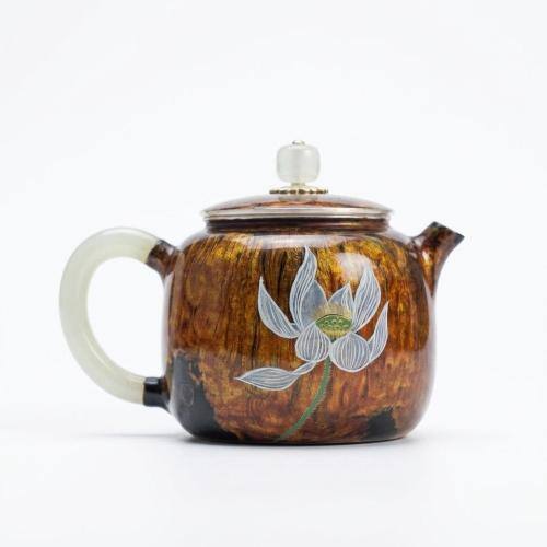 999纯银优雅木纹茶壶，饰以精美莲花图案