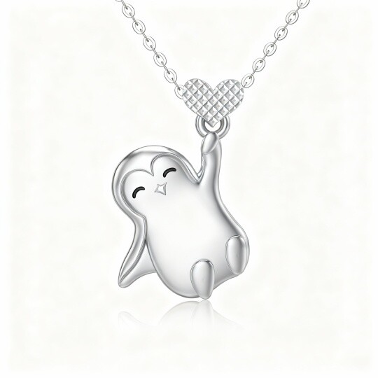 10K White Gold Penguin & Heart Pendant Necklace