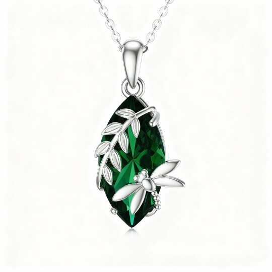 10K White Gold Pear Cut Emerald Dragonfly & Leaves Pendant Necklace