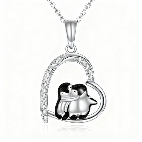 10K White Gold Cubic Zirconia Penguin & Heart Pendant Necklace