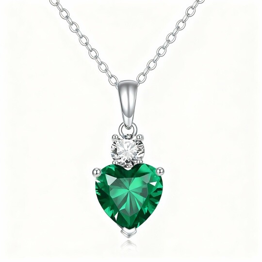 10K White Gold Cubic Zirconia & Emerald Heart Pendant Necklace