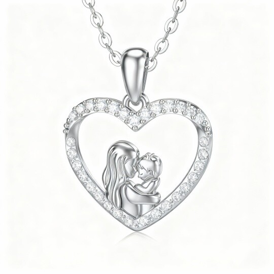10K White Gold Moissanite Mother & Daughter & Heart Pendant Necklace