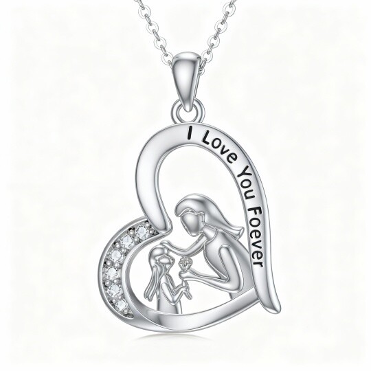 Halskette aus 10-karätigem Weißgold mit herzförmigem Zirkonia-Anhänger „Mutter & Tochter & Herz“