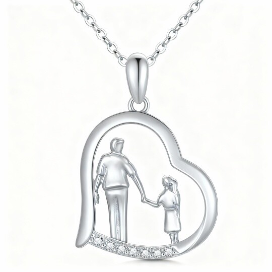 10K White Gold Cubic Zirconia Father & Daughter & Heart Pendant Necklace