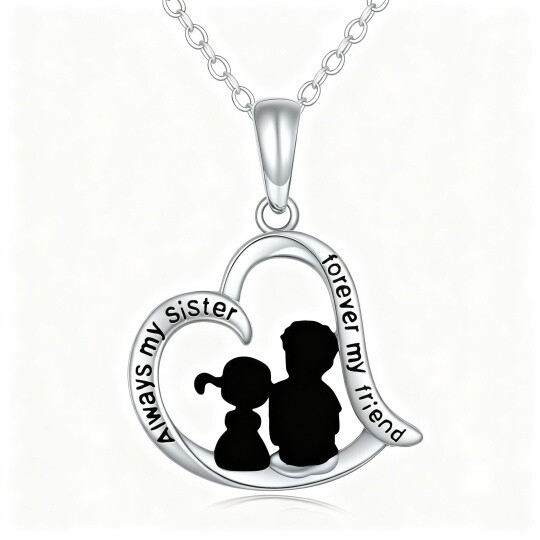 10K White Gold Sisters & Heart Pendant Necklace with Engraved Word