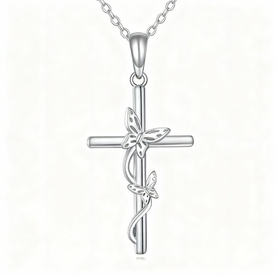 10K White Gold Butterfly & Cross Pendant Necklace