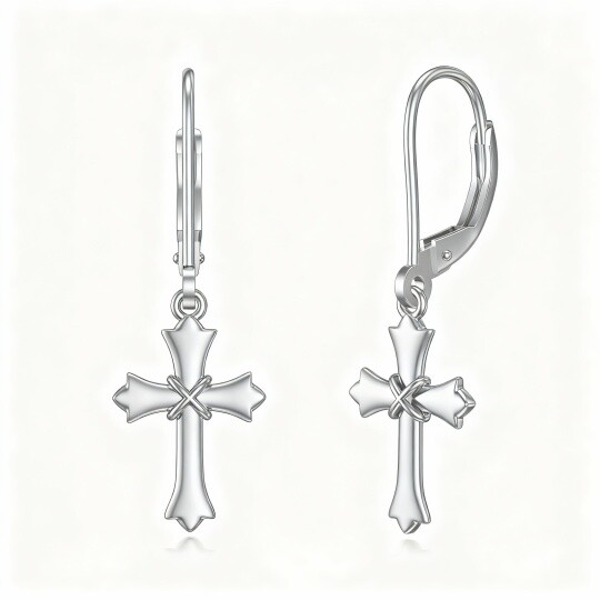Brincos cruz com fecho de alavanca em ouro branco 10K