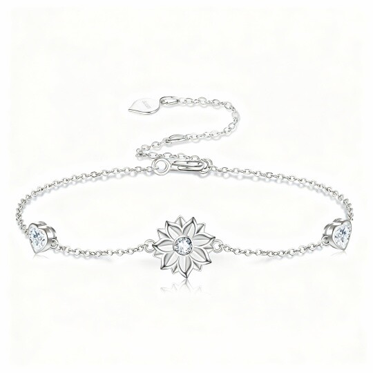 10K White Gold Cubic Zirconia Sunflower & Heart Charm Bracelet