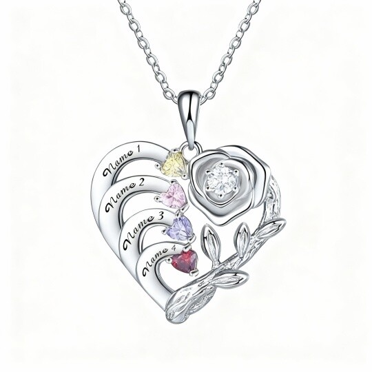 Collier pendentif personnalisé en or blanc 10 carats avec zircon cubique rond, pierre de naissance, prénom classique et cœur.