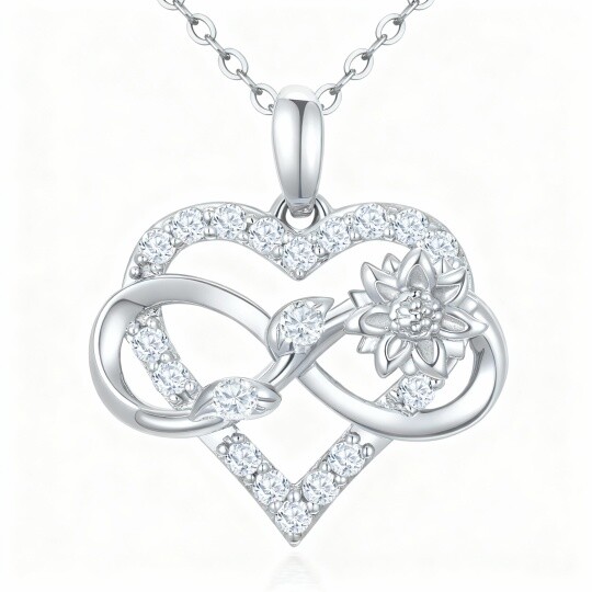 Collier pendentif en or blanc 10 carats avec zircon cubique rond, tournesol, cœur et symbole de l'infini