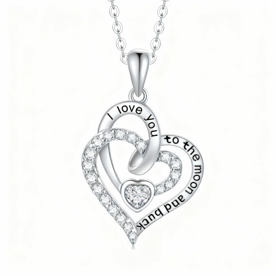 10K White Gold Round Cut Cubic Zirconia Heart With Heart Pendant Necklace with Engraved Word