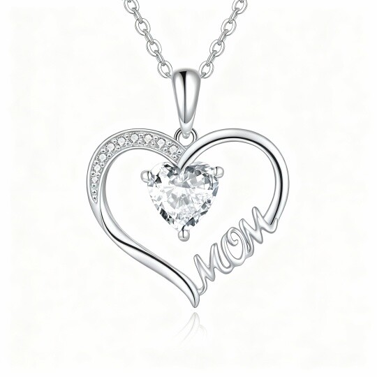 10K White Gold Heart Cut Cubic Zirconia Heart Pendant Necklace with Engraved Word