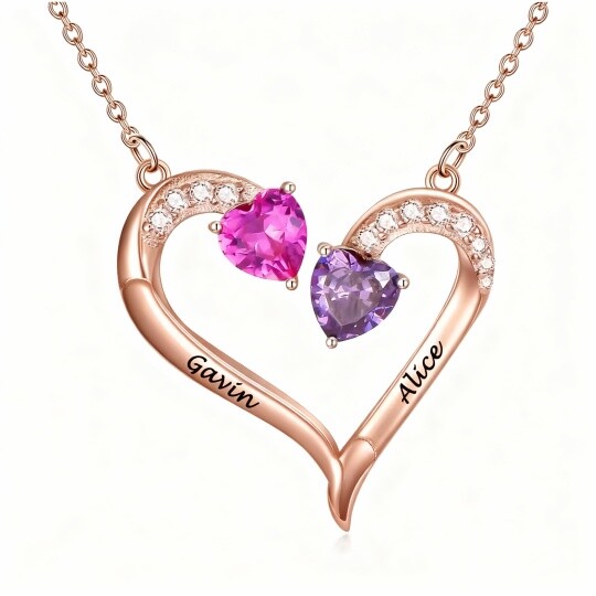 Collana con ciondolo personalizzato in oro rosa 10 carati con zirconi cubici e pietra portafortuna, per coppia, madre e sorelle