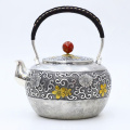 wholesale Pure 999 Fine Silver Handcrafted Silver Tea Kettle with Ornate Floral Carvings and Red Marble Accents - Handicraft-0-0