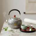 wholesale Pure 999 Fine Silver Handcrafted Silver Tea Kettle with Ornate Floral Carvings and Red Marble Accents - Handicraft-0-3