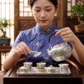 wholesale Pure 999 Fine Silver Handcrafted Silver Tea Kettle with Ornate Floral Carvings and Red Marble Accents - Handicraft-0-2