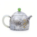 wholesale 925 Sterling Silver Elegant Hand-Hammered Silver Teapot Featuring Twin Carp and Jade Accents - Handicraft-0-0
