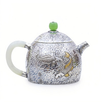 wholesale 925 Sterling Silver Elegant Hand-Hammered Silver Teapot Featuring Twin Carp and Jade Accents - Handicraft-undefined