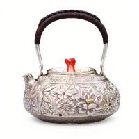 wholesale 925 Sterling Silver Intricately Carved Silver Teapot with Gemstone Accents and Coral Finial - Handicraft-undefined