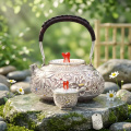 wholesale 925 Sterling Silver Intricately Carved Silver Teapot with Gemstone Accents and Coral Finial - Handicraft-0-3