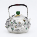 wholesale 925 Sterling Silver Handcrafted Silver Teapot with Green Gemstone Accents and Ornate Floral Filigree - Handicraft-0-0