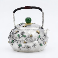 wholesale 925 Sterling Silver Handcrafted Silver Teapot with Green Gemstone Accents and Ornate Floral Filigree - Handicraft-undefined
