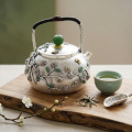 wholesale 925 Sterling Silver Handcrafted Silver Teapot with Green Gemstone Accents and Ornate Floral Filigree - Handicraft-0-3