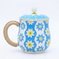 wholesale Pure 999 Fine Silver Elegant Ceramic Mug with Floral Design, Woven Handle, and Lid-Premium Indigo Tea Mug - Handicraft-0-0