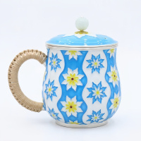 wholesale Pure 999 Fine Silver Elegant Ceramic Mug with Floral Design, Woven Handle, and Lid-Premium Indigo Tea Mug - Handicraft-undefined