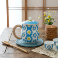wholesale Pure 999 Fine Silver Elegant Ceramic Mug with Floral Design, Woven Handle, and Lid-Premium Indigo Tea Mug - Handicraft-0-2