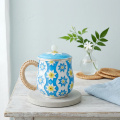 wholesale Pure 999 Fine Silver Elegant Ceramic Mug with Floral Design, Woven Handle, and Lid-Premium Indigo Tea Mug - Handicraft-0-1