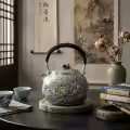 wholesale Pure 999 Fine Silver Handcrafted Silver Peony Teapot with Woven Handle and Floral Finial - Handicraft-0-3