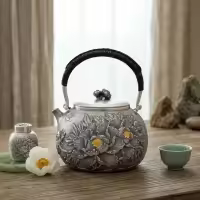 wholesale Pure 999 Fine Silver Handcrafted Silver Peony Teapot with Woven Handle and Floral Finial - Handicraft-undefined