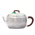 wholesale Pure 999 Fine Silver Ornate Hand-Carved Silver Teapot with Rosewood Handle and Green Jade Accent - Handicraft-0-0