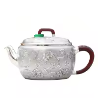 wholesale Pure 999 Fine Silver Ornate Hand-Carved Silver Teapot with Rosewood Handle and Green Jade Accent - Handicraft-undefined