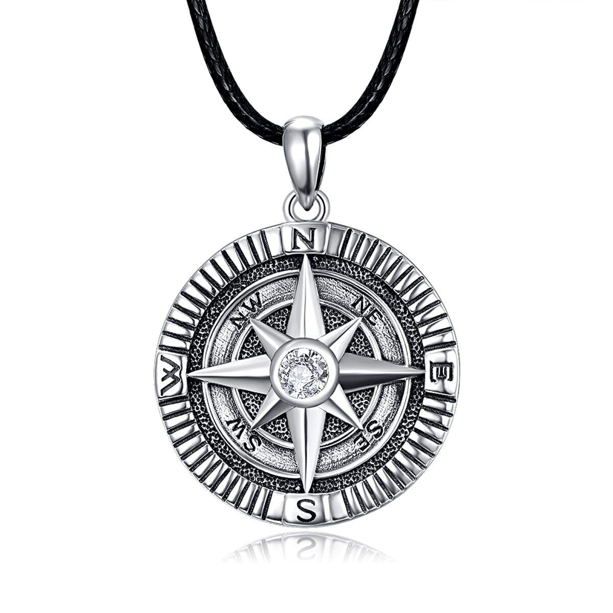 Sterling Silver Circular Shaped Cubic Zirconia Compass Pendant Necklace with Engraved Word-1