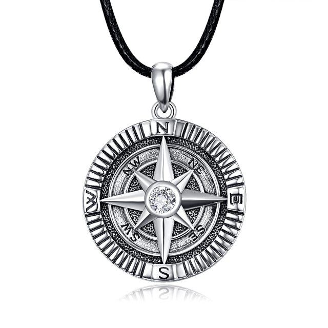 Sterling Silver Circular Shaped Cubic Zirconia Compass Pendant Necklace with Engraved Word-0