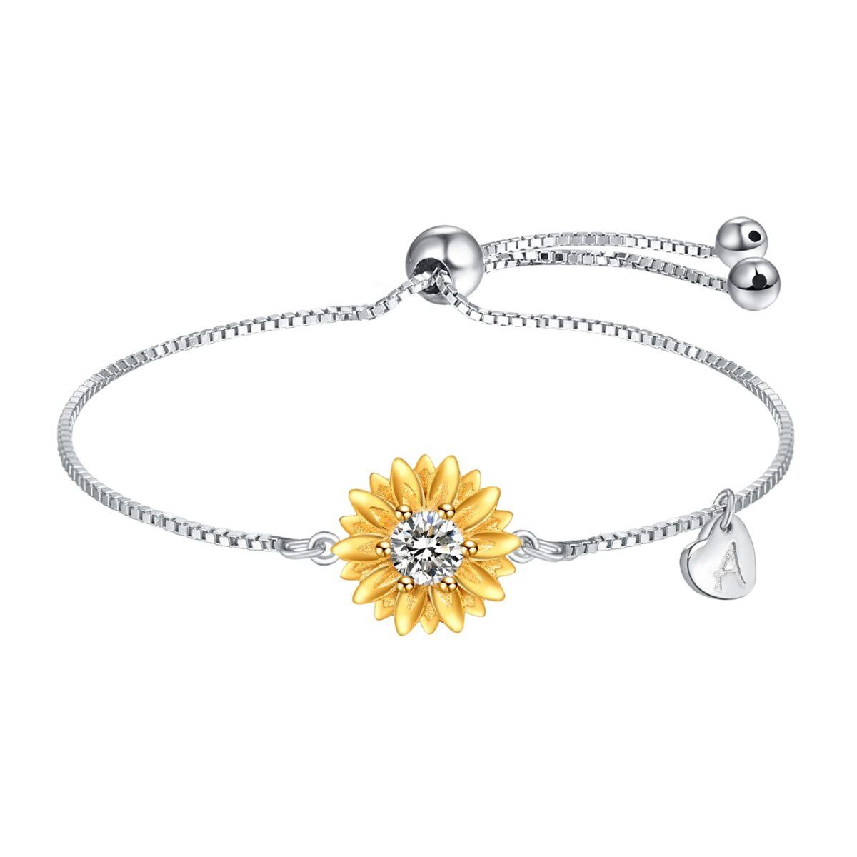 Sterling Silver Zircon Sunflower & Heart Curb Link Chain Bracelet-1