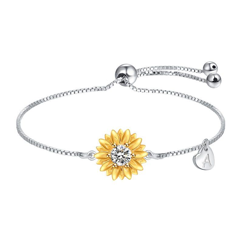 Sterling Silver Zircon Sunflower & Heart Curb Link Chain Bracelet