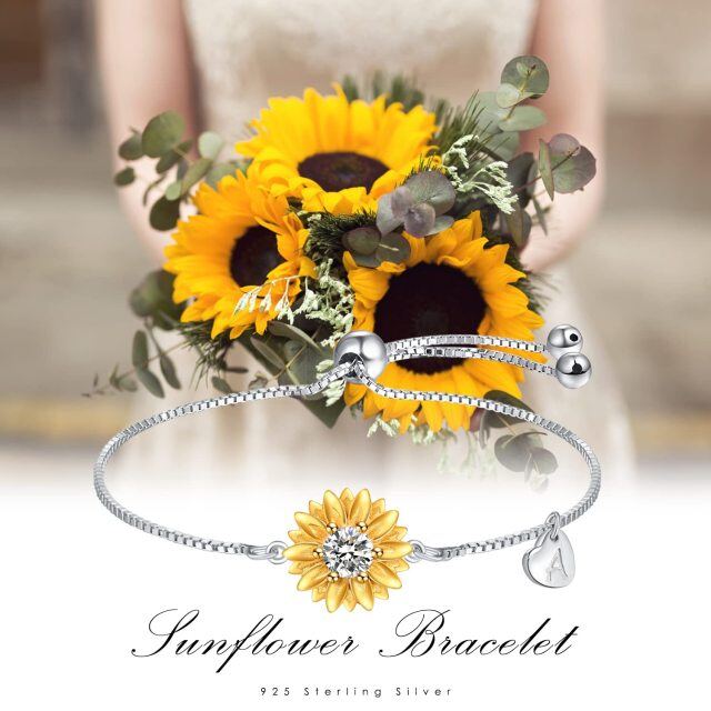 Sterling Silver Zircon Sunflower & Heart Curb Link Chain Bracelet-2
