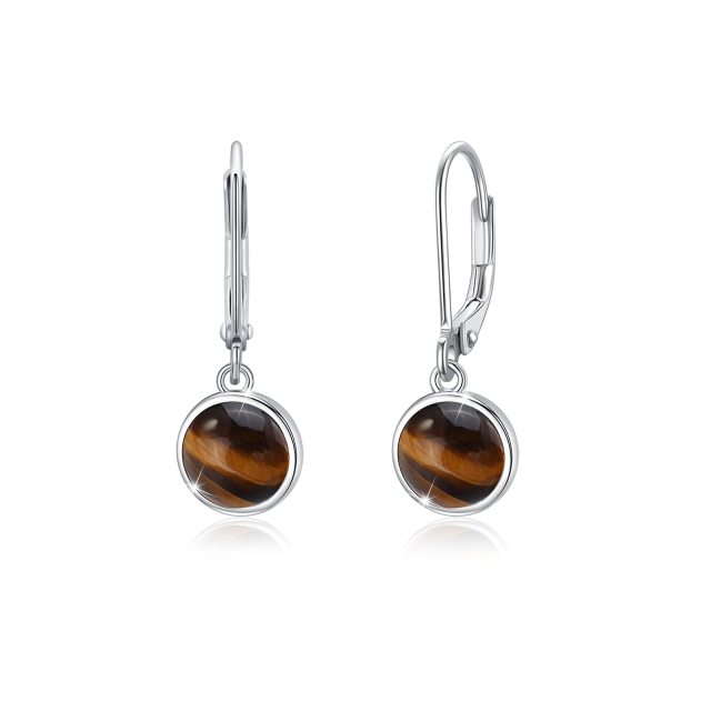 Sterling Silver Circular Shaped Tiger's Eye Round Drop Earrings-1