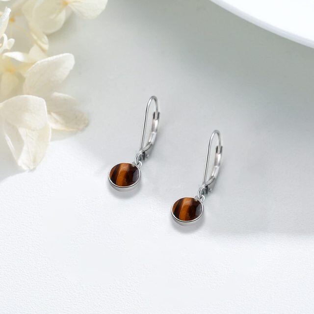 Sterling Silver Circular Shaped Tiger's Eye Round Drop Earrings-4