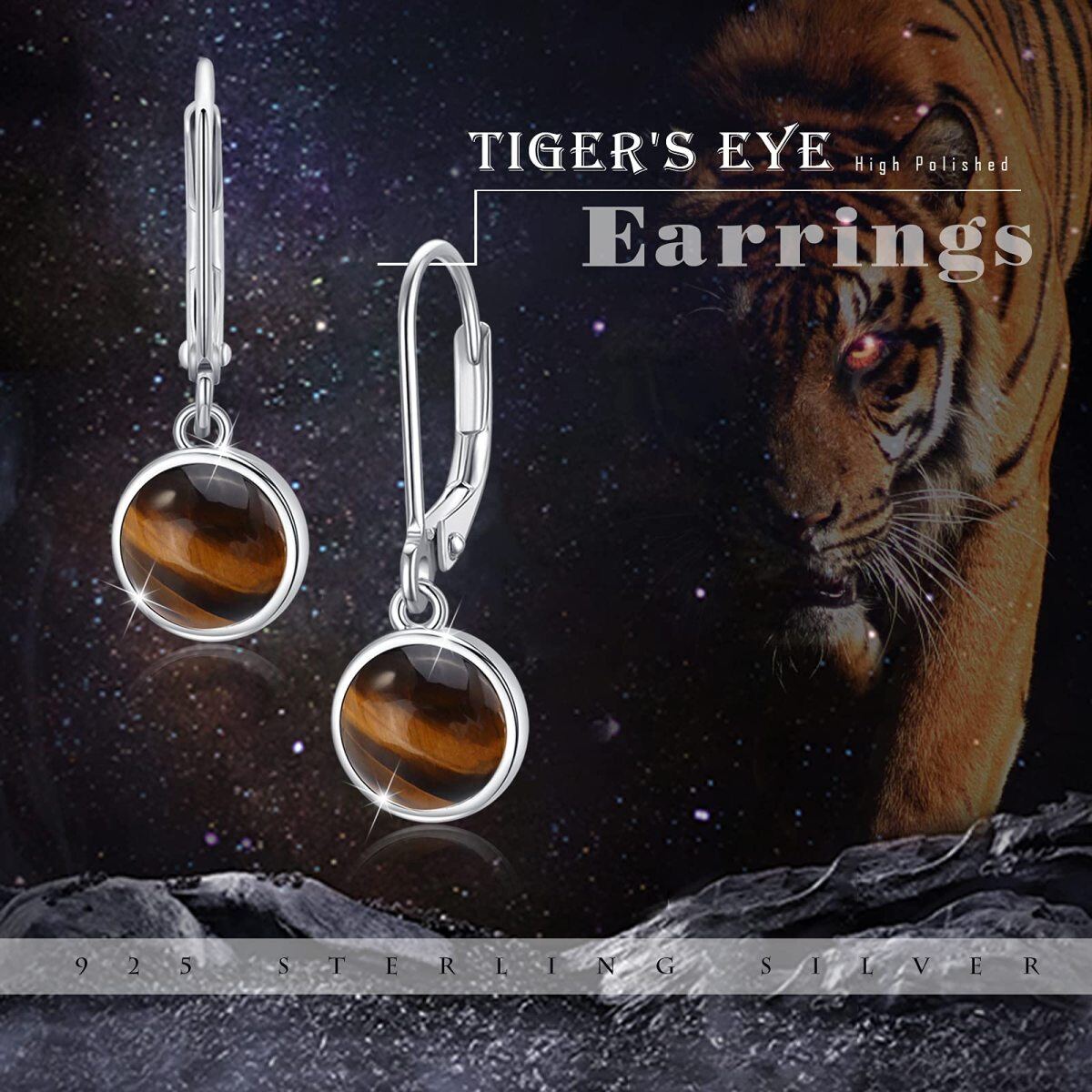 Sterling Silver Circular Shaped Tiger's Eye Round Drop Earrings-6