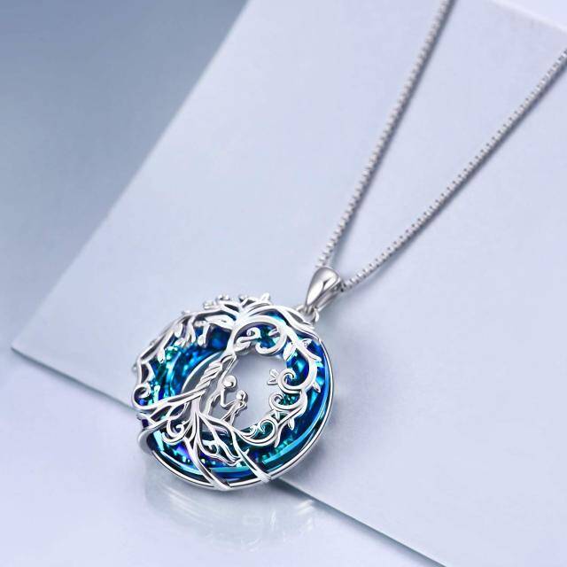 Sterling Silver Circular Shaped Crystal Tree Of Life & Mother & Daughter Pendant Necklace-2