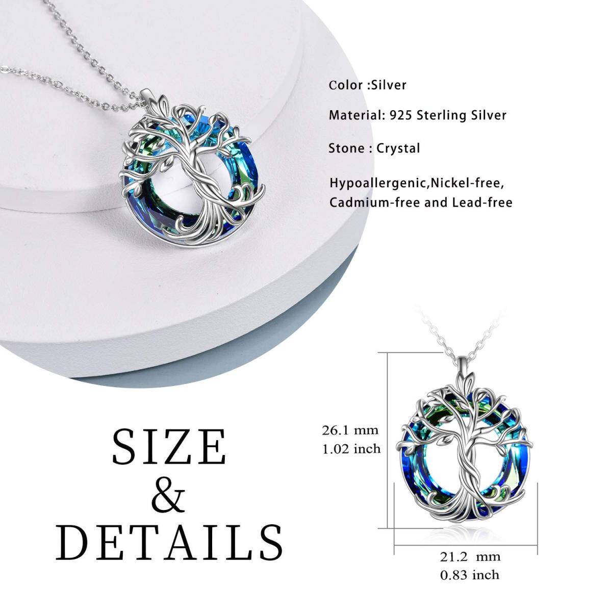 Sterling Silver Circular Shaped Crystal Tree Of Life & Mother & Daughter Pendant Necklace-6