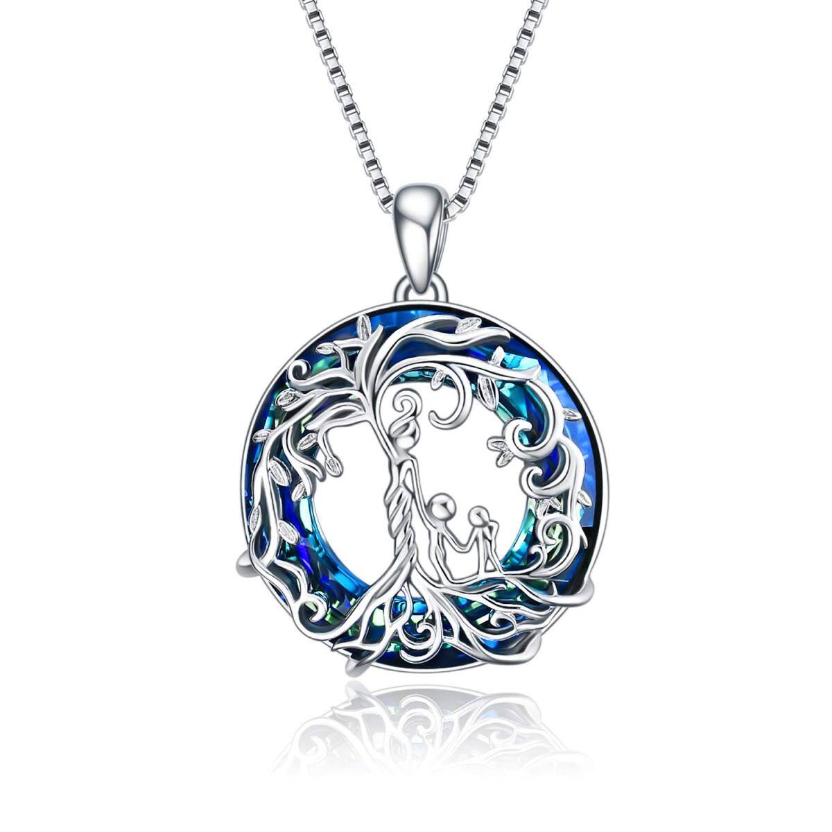 Sterling Silver Circular Shaped Crystal Tree Of Life & Mother & Daughter Pendant Necklace-1