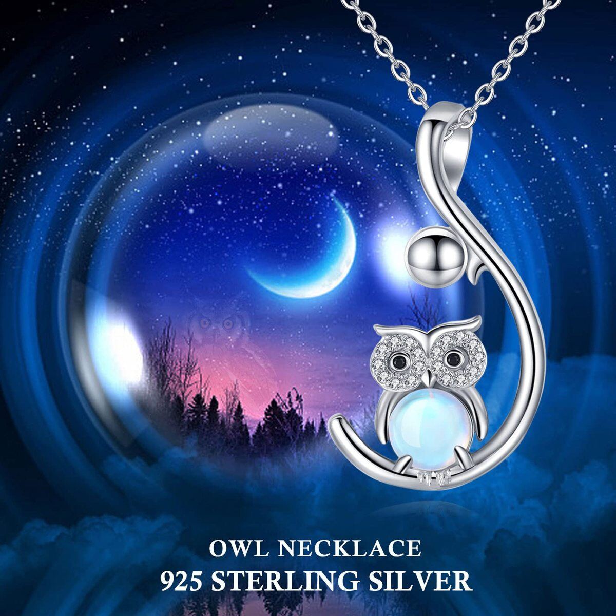 Sterling Silver Moonstone Owl Pendant Necklace-6